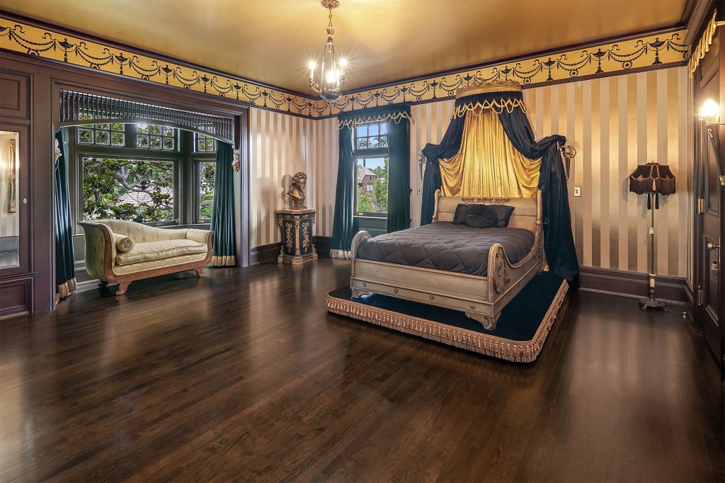 This bedroom, meanwhile, has lots of gold accents.
