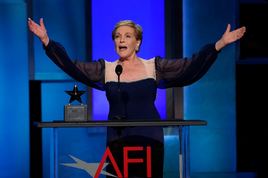 Actor Julie Andrews receives the 48th AFI Life Achievement Award at a gala in her honor, Thursday, June 9, 2022, at the Dolby Theater in Los Angeles.  (AP Photo/Chris Pizzello)