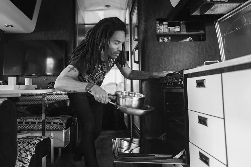Lenny Kravitz stores pots and pans in the trailer oven. 