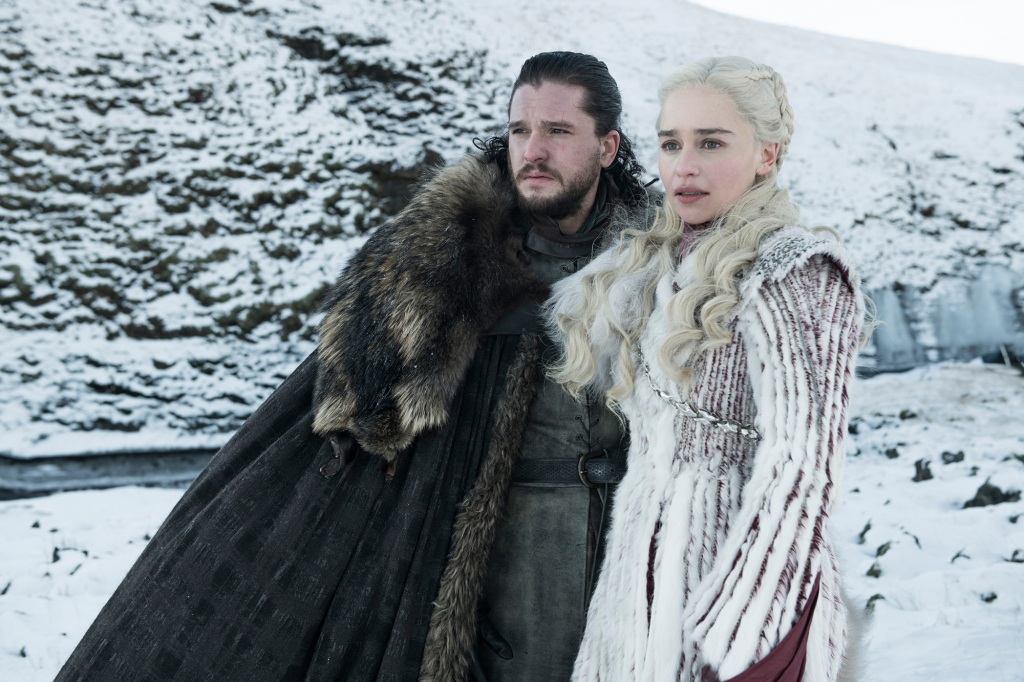 Kit Harington as Jon Snow and Emilia Clarke as Daenerys Targaryen