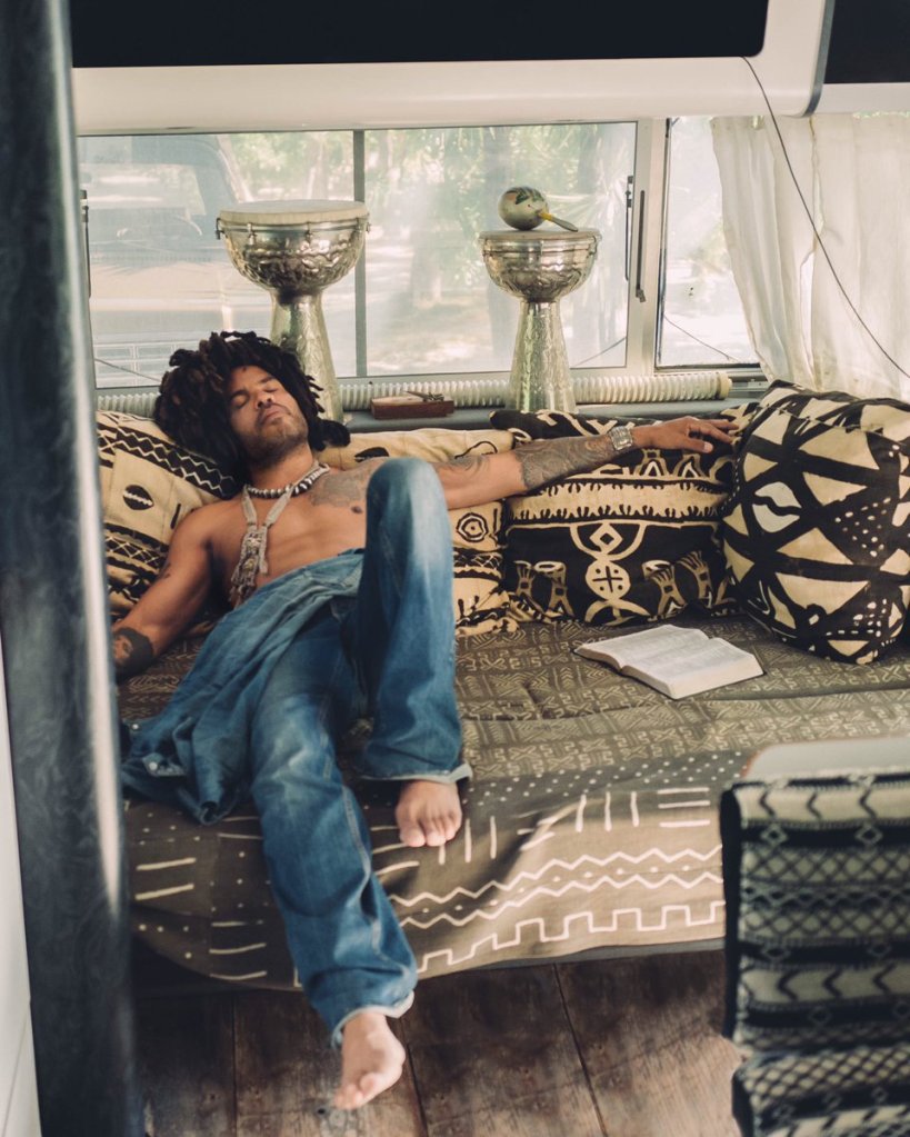 Lenny Kravitz in the trailer sleeping/seating area. 
