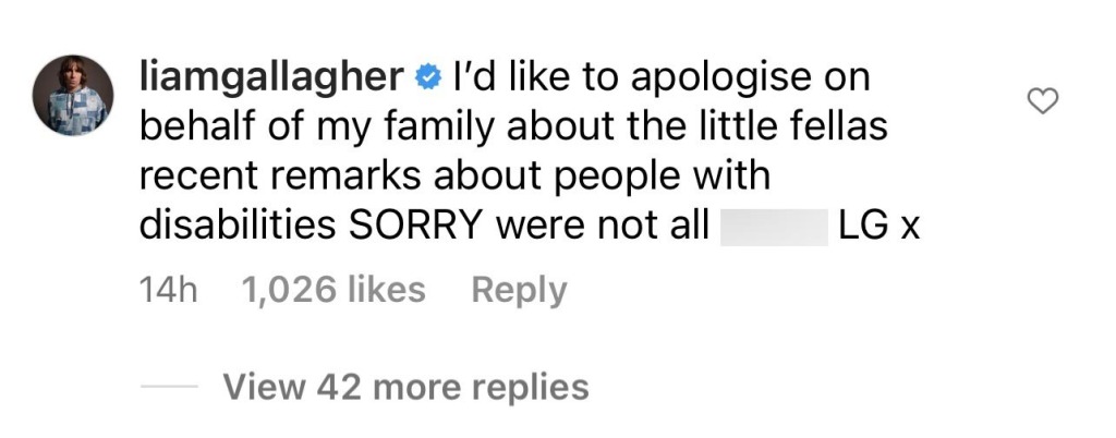 Liam apologized on Instagram on behalf of Noel.