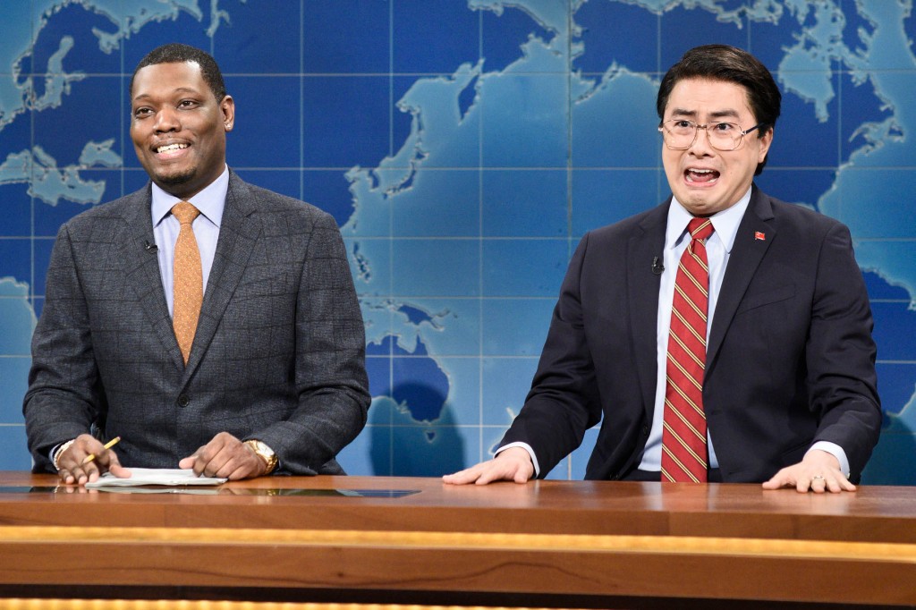 Bowen Yang joins Michael Che at a "weekend update" segment to "Saturday Night Live" last season.