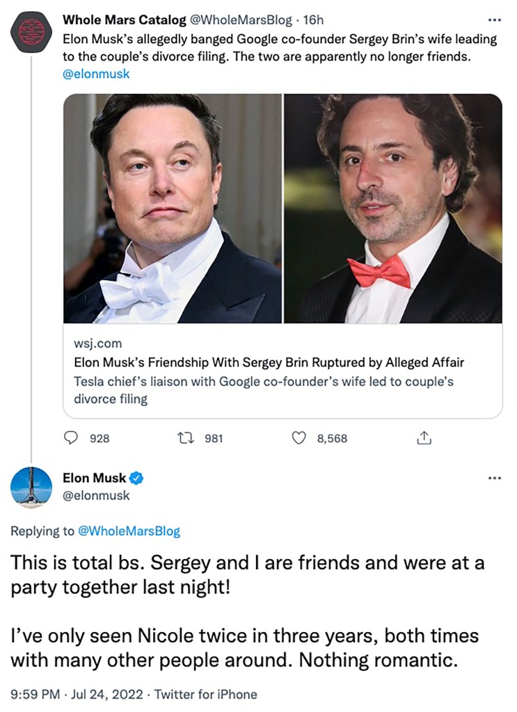 Elon Musk tweets to deny affair.