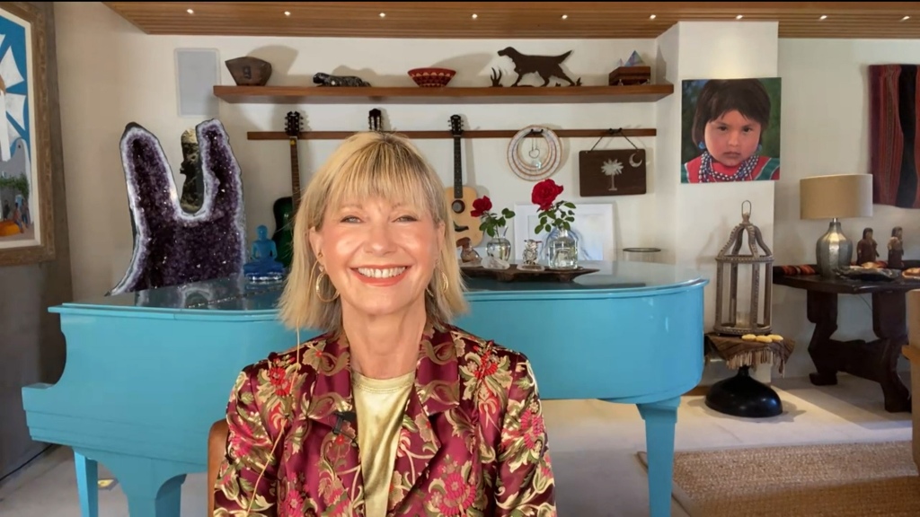 Olivia Newton-John at her Southern California home for a recording of "Watch live what's happening with Andy Cohen."