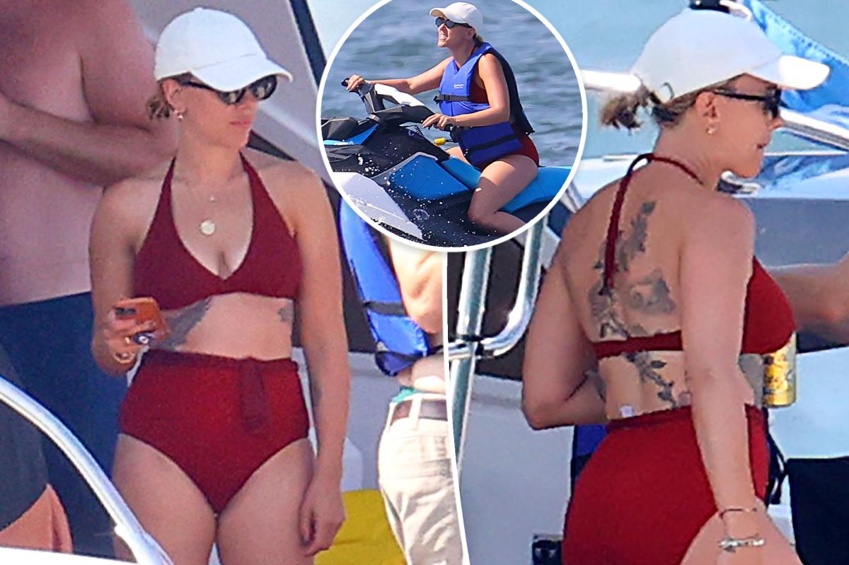 Scarlett Johansson shows off tattoos in red bikini in Hamptons