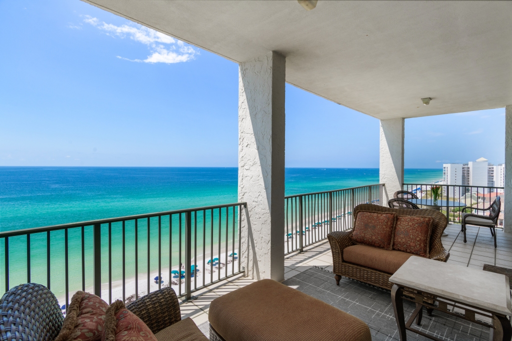 The expansive balcony overlooks the Gulf.