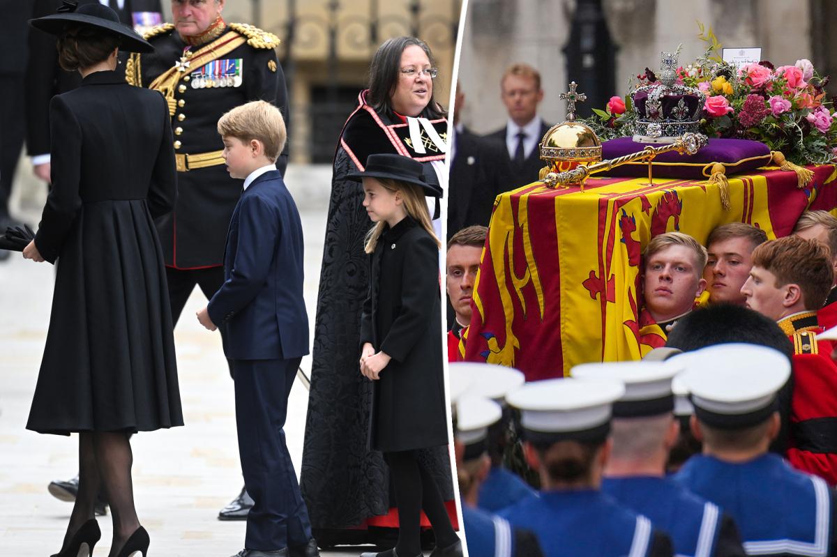 George and Charlotte walk behind the coffin at Queen's funeral