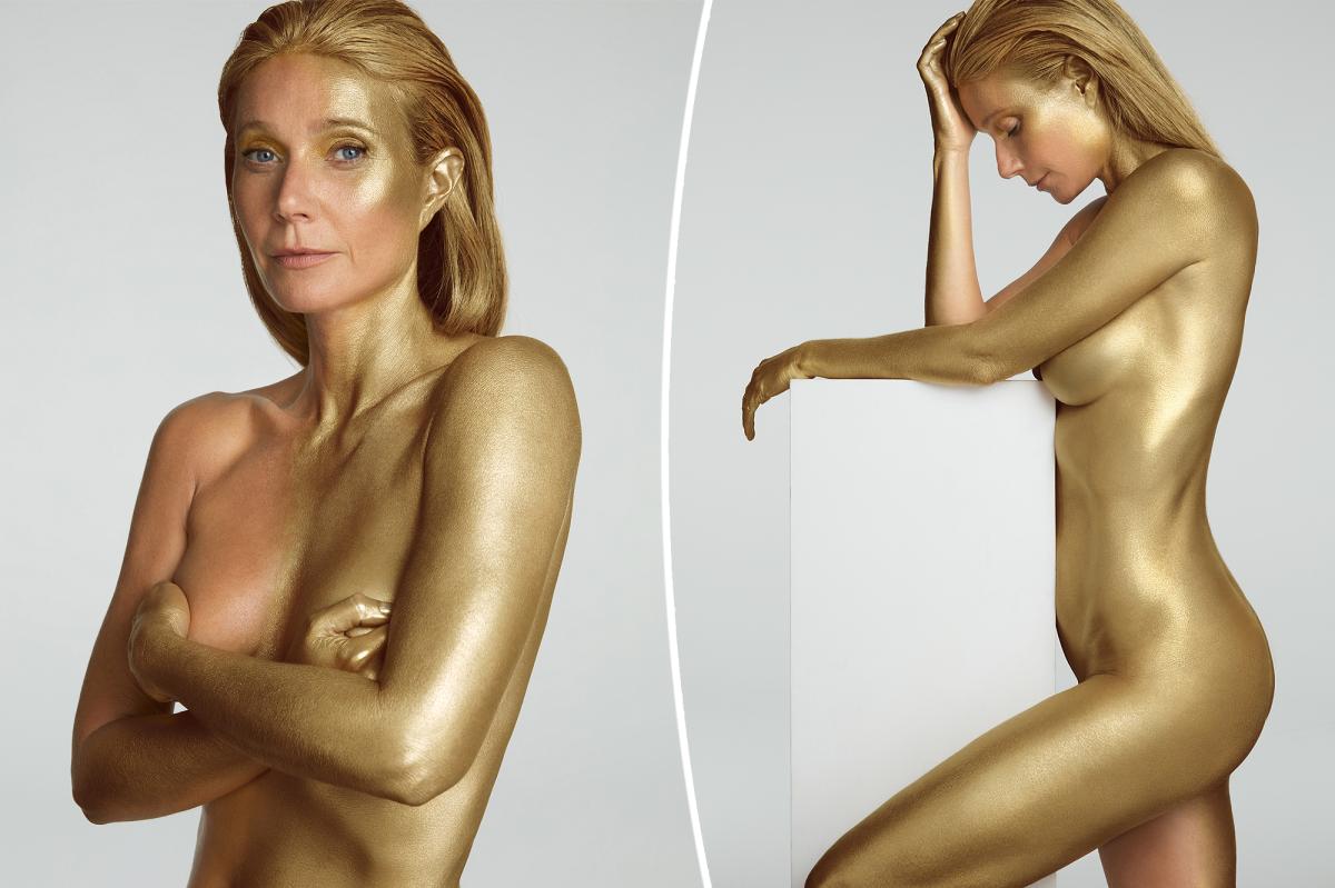 Gwyneth Paltrow poses nude, painted gold for 50th birthday photos