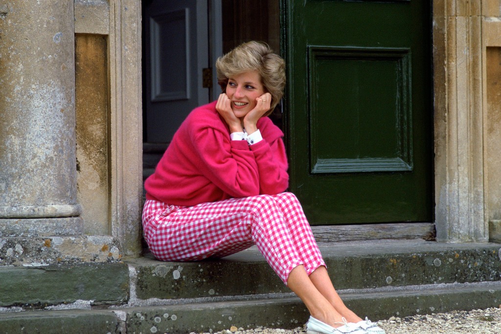 Diana At Highgrove in pink gingham pants.