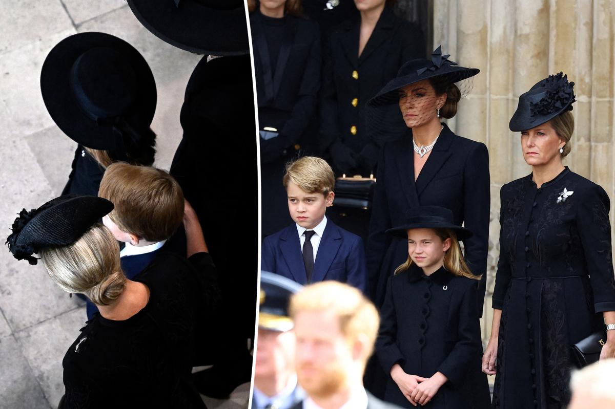Prince George comforted by Sophie of Wessex at Queen's funeral