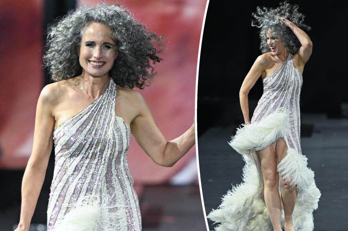 Andie MacDowell rocks gray hair on the catwalk at Paris Fashion Week